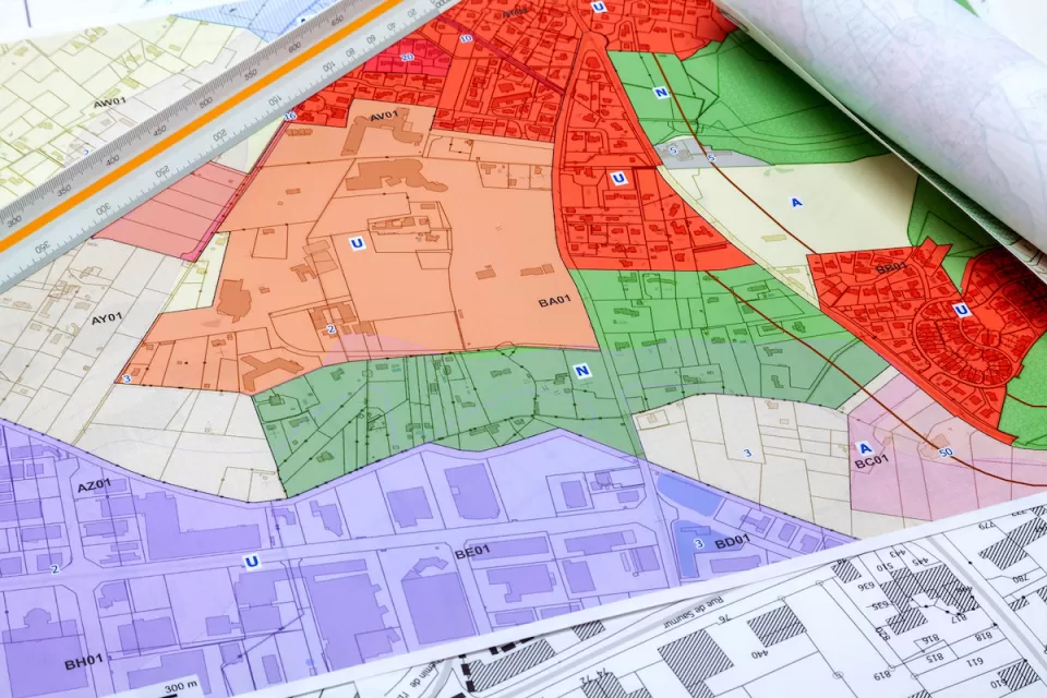 Close-up of colorful zoning map of unidentified city.